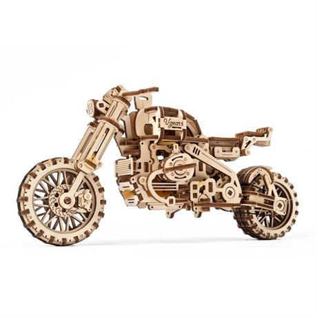 Деревянный механический 3D конструктор Ukrainian Gears Мотоцикл Scramber с коляской (70137) - фото 1