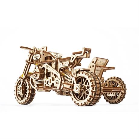 Деревянный механический 3D конструктор Ukrainian Gears Мотоцикл Scramber с коляской (70137) - фото 3