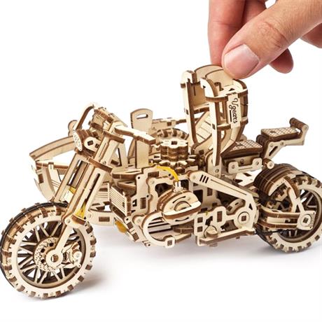 Деревянный механический 3D конструктор Ukrainian Gears Мотоцикл Scramber с коляской (70137) - фото 5