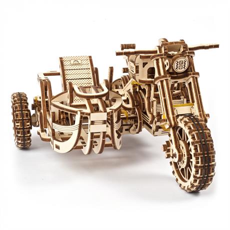 Деревянный механический 3D конструктор Ukrainian Gears Мотоцикл Scramber с коляской (70137) - фото 0