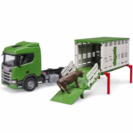 Автомодель Bruder Автомобіль Scania Super 560R для перевезення тварин з коровою 1:16 (03548) - фото 0