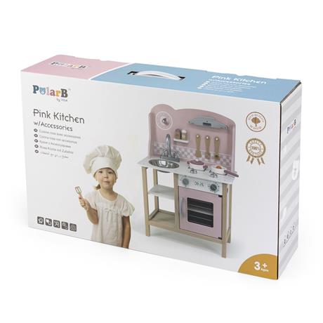Дитяча кухня Viga Toys PolarB із дерева з посудом рожевий (44046) - фото 1