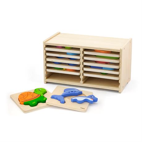 Набір дерев'яних мініпазлів Viga Toys зі стійкою для зберігання 12 шт. (51423) - фото 0