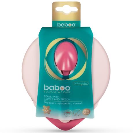 Тарелка Baboo с крышкой и ложкой из 6 мес. розовый (9-027) - фото 0