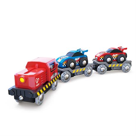 Набор для игрушечной железной дороги Hape Поезд-транспортер для гоночных автомобилей (E3735) - фото 7